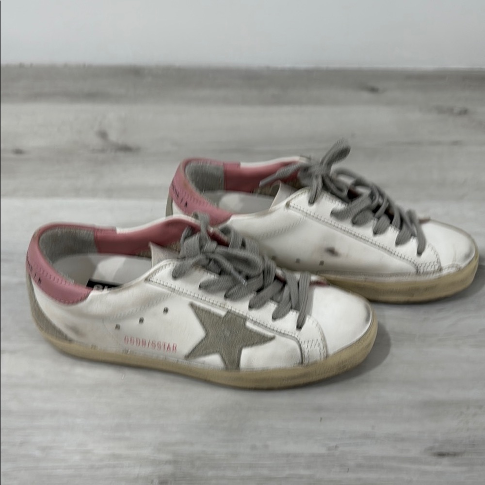 Golden Goose White and Pink Sneakers with Gray Star